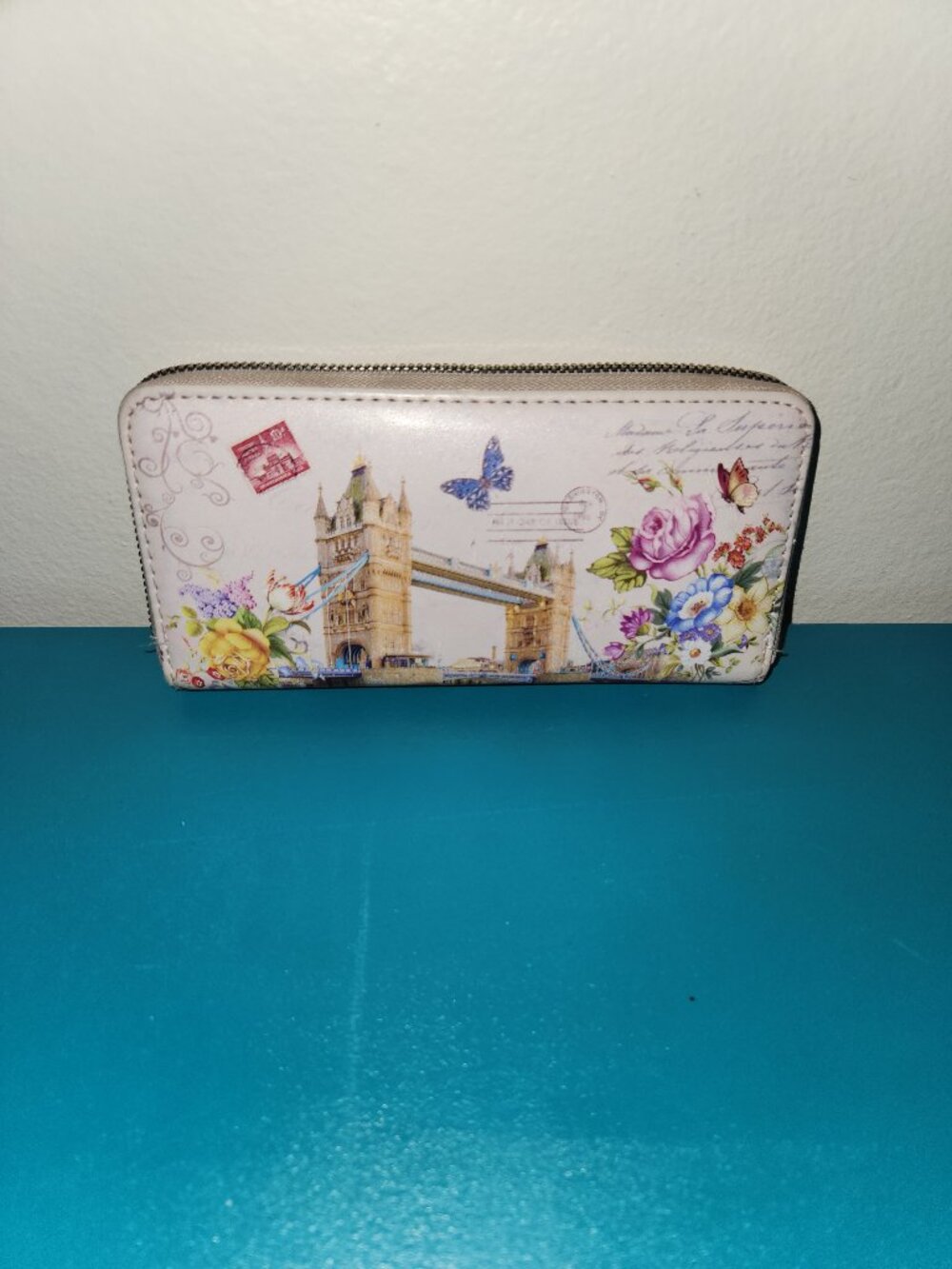 London Tower Bridge Floral Print Zip Around Wallet Travel Butterfly Roses